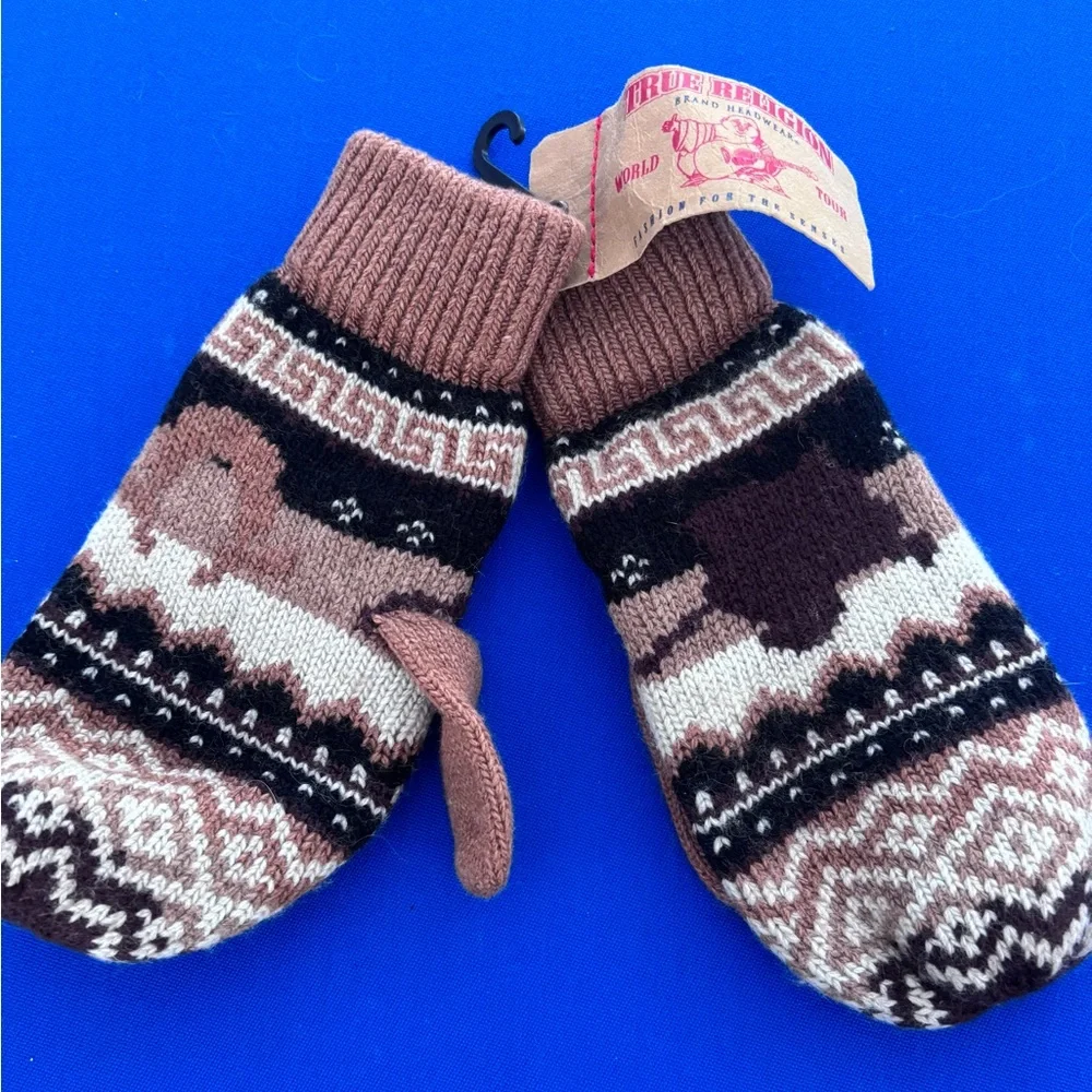 True Religion Brown and Cream Knit Mittens